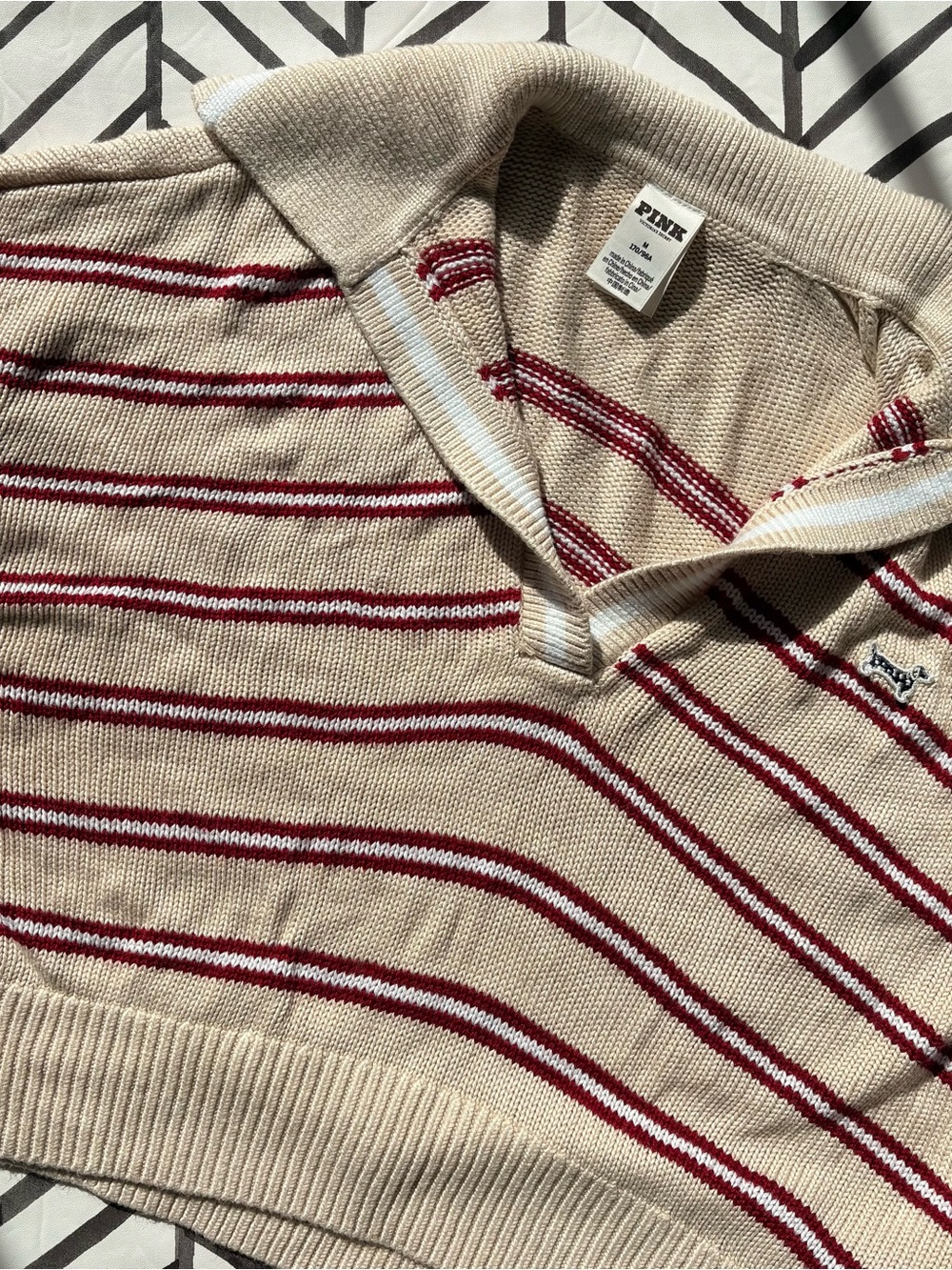 PINK Victoria's Secret Cream V‑Neck Sweater with Burgundy Stripes
